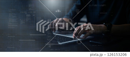 Big data analytics, cloud security, database management, IT security solutions, AI-powered cybersecurity, corporate information systems, futuristic digital data center technology. Big data analytics, cloud security, database management, IT security solutions, AI-powered cybersecurity, corporate information systems, futuristic digital data center technology. 126153206