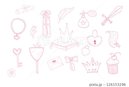 Princess set cute hand drawn sketch. Girl magic fairy mirror, pageant, crown, fairytale fantasy. Royal accessory. Letter and key. 126153296