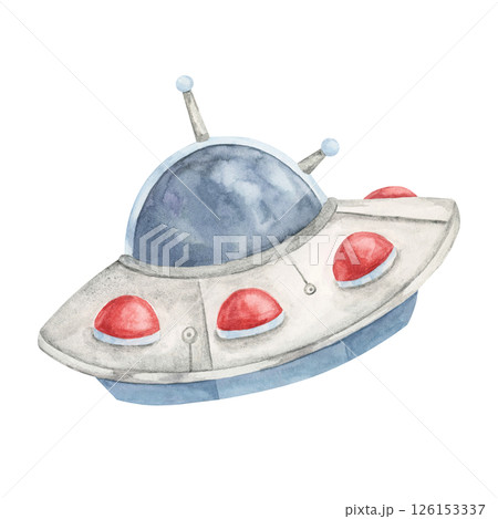 Blue and gray UFO with red lights in watercolor. Flying saucer or alien spaceship clipart . Use for alien-themed games, science classroom materials, birthday invitation designs, or educational visuals Blue and gray UFO with red lights in watercolor. Flying saucer or alien spaceship clipart . Use for alien-themed games, science classroom materials, birthday invitation designs, or educational visuals 126153337