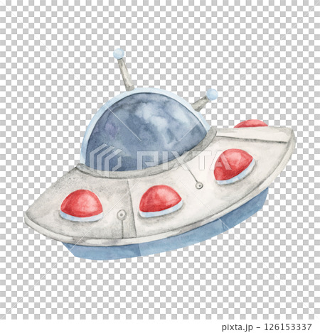 Blue and gray UFO with red lights in watercolor. Flying saucer or alien spaceship clipart . Use for alien-themed games, science classroom materials, birthday invitation designs, or educational visuals Blue and gray UFO with red lights in watercolor. Flying saucer or alien spaceship clipart . Use for alien-themed games, science classroom materials, birthday invitation designs, or educational visuals 126153337