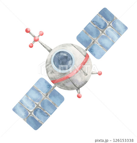 Light gray and blue satellite with red details in watercolor clipart. Space orbiter clipart. This image suits space lesson plans, kids infographics, room decor prints, or science-themed gift wraps Light gray and blue satellite with red details in watercolor clipart. Space orbiter clipart. This image suits space lesson plans, kids infographics, room decor prints, or science-themed gift wraps 126153338