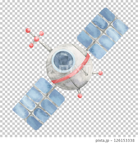 Light gray and blue satellite with red details in watercolor clipart. Space orbiter clipart. This image suits space lesson plans, kids infographics, room decor prints, or science-themed gift wraps 126153338