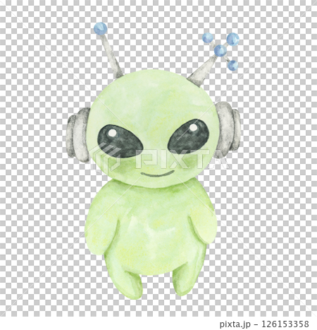Light green alien with headphones and blue antennas in a watercolor. Space creature isolated clipart. Perfect for baby shower decor, nursery prints, science-themed books, or childrens apparel design Light green alien with headphones and blue antennas in a watercolor. Space creature isolated clipart. Perfect for baby shower decor, nursery prints, science-themed books, or childrens apparel design 126153358