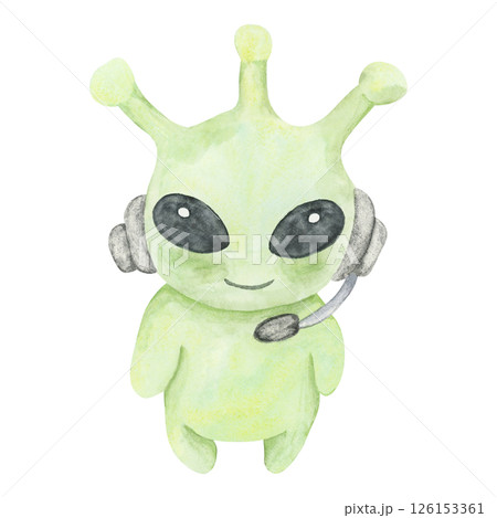 Green alien with antennae, black eyes, and a headset in watercolor. Space creature isolated clipart. Hand painted illustration for kids designs, party invites, wall art, or educational materials 126153361