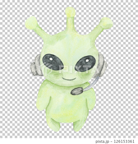 Green alien with antennae, black eyes, and a headset in watercolor. Space creature isolated clipart. Hand painted illustration for kids designs, party invites, wall art, or educational materials 126153361