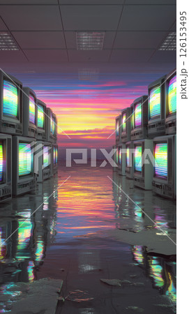 Retro television glitch digital sunset surreal reflection vibrant technology Retro television glitch digital sunset surreal reflection vibrant technology 126153495