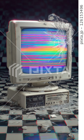 Broken computer, vintage monitor, shattered screen, glitch, cyberpunk, colorful lines, retro Broken computer, vintage monitor, shattered screen, glitch, cyberpunk, colorful lines, retro 126153496