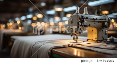 Industrial sewing machine working in textile factory, fabric under needle warm lighting focused 126153503