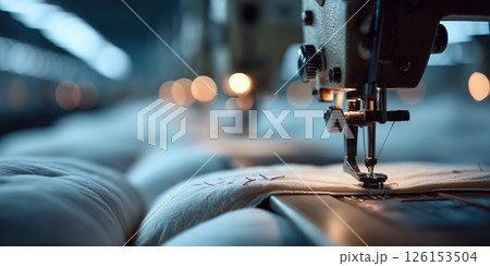 Sewing machine stitching fabric in factory, industrial textile production 126153504