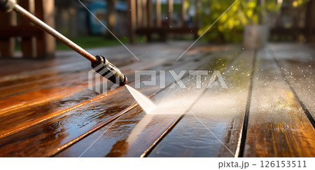 Pressure washer cleaning wooden deck with high pressure water, outdoor maintenance on sunny day 126153511