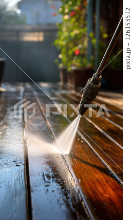 Pressure washer cleaning wooden deck with high pressure water under sunlight outdoor 126153512