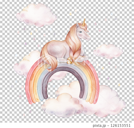 Watercolor hand drawn illustration of Unicorn sitting on rainbow with clouds and raindrops. Cute horse for Baby shower invitations or nursery wall art. Pastel Fantasy pony for kids greeting cards. 126153551