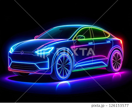 Colorful glowing modern car over black background Colorful glowing modern car over black background 126153577