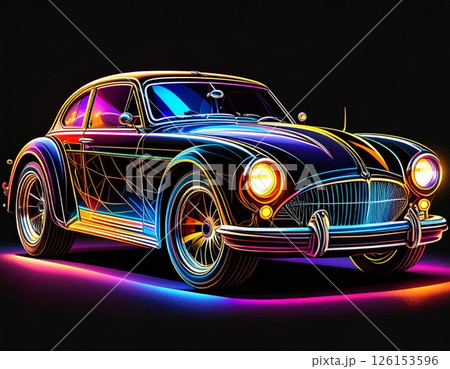 Colorful glowing retro vintage car over black background 126153596