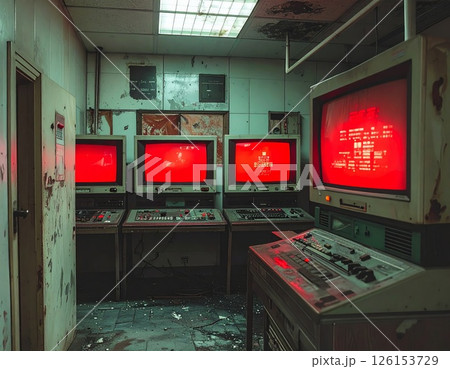 Vintage Control Room with Red Alert Monitors 126153729