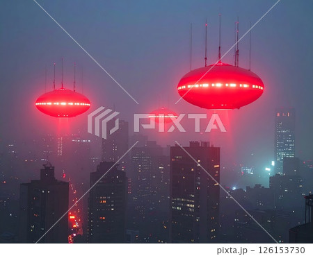 Red Alert. Surreal Floating Red Alarm Drones Above Cityscape 126153730