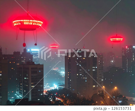 Red Alert. Surreal Floating Red Alarm Drones Above Cityscape 126153731