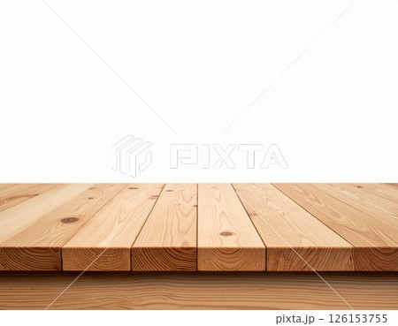 Wooden table top over white background. Table mock up template for presentations and other design purposes 126153755