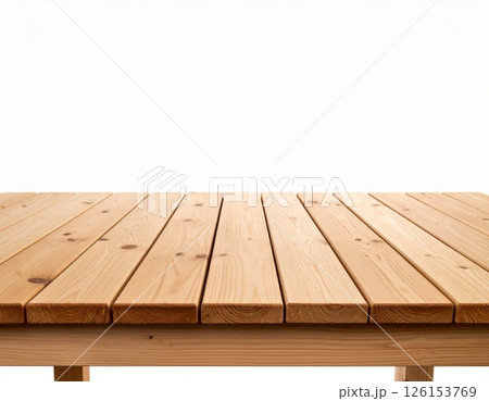 Wooden table top over white background. Table mock up template for presentations and other design purposes 126153769