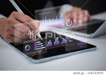 Smart technology and artificial intelligence in business data analysis, featuring a digital dashboard UI Graph and financial and marketing strategy and machine learning concept Smart technology and artificial intelligence in business data analysis, featuring a digital dashboard UI Graph and financial and marketing strategy and machine learning concept 126153970