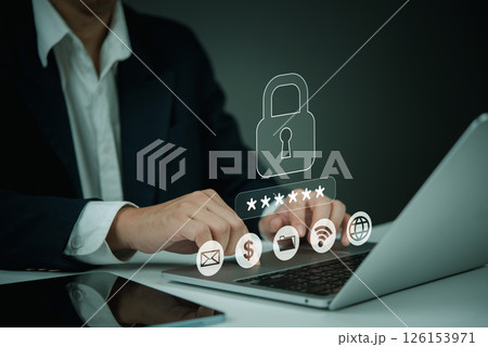 Businessman using laptop computer password cyber security identity theft and cloud network system application information privacy internet online protection. Businessman using laptop computer password cyber security identity theft and cloud network system application information privacy internet online protection. 126153971