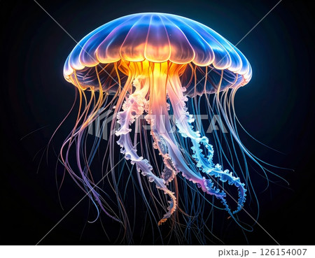 Bright glowing medusa over black background, jellyfish swimming in the darkness of the ocean Bright glowing medusa over black background, jellyfish swimming in the darkness of the ocean 126154007