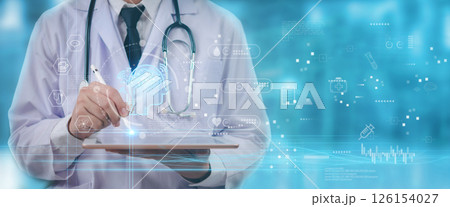 doctor using a digital tablet with AI healthcare Telemedicine technology. Futuristic medical innovation with smart data analysis and neural interface. artificial intelligence in modern medicine doctor using a digital tablet with AI healthcare Telemedicine technology. Futuristic medical innovation with smart data analysis and neural interface. artificial intelligence in modern medicine 126154027