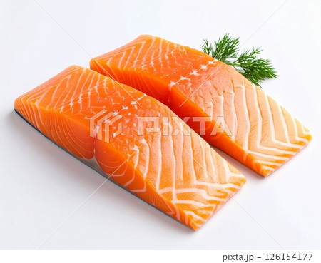 Piece of red salmon fish meat over white background Piece of red salmon fish meat over white background 126154177