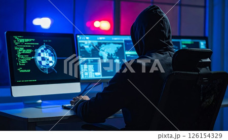 Hacker is working at the computer with police nearby, dramatic moment 126154329