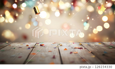 Festive bokeh lights above wooden table with confetti, Mexican fiesta, background Festive bokeh lights above wooden table with confetti, Mexican fiesta, background 126154330