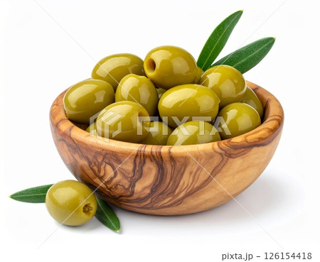 Wooden bowl of fresh green olives over white background 126154418