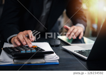 Financial analysis and accounting management with digital technology. Great for fintech, corporate finance, and business strategy content.Investment and economic planning concept 126154592