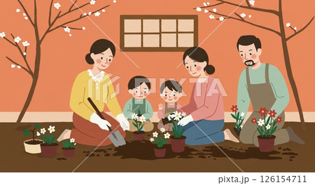 家族みんなで庭いじりを楽しむ 126154711