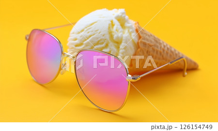 Colorful sunglasses and ice cream cone on vibrant yellow background create a playful summer vibe 126154749
