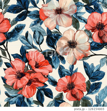 Blooming floral seamless pattern, vibrant red and pastel flowers with lush blue leaves 126154803
