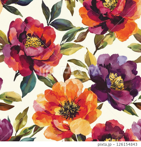 Watercolor painting seamless pattern featuring vibrant purple and orange peonies with green leaves 126154843