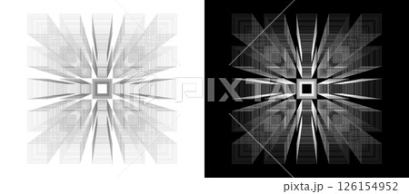 Abstract tech background with diminishing squares. Black shape on a white background and the same white shape on the black side. Abstract tech background with diminishing squares. Black shape on a white background and the same white shape on the black side. 126154952