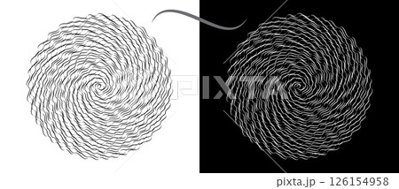 Modern abstract background. Waves in circle form. Spiral logo or icon, design element. Black shape on a white background and the same white shape on the black side. 126154958