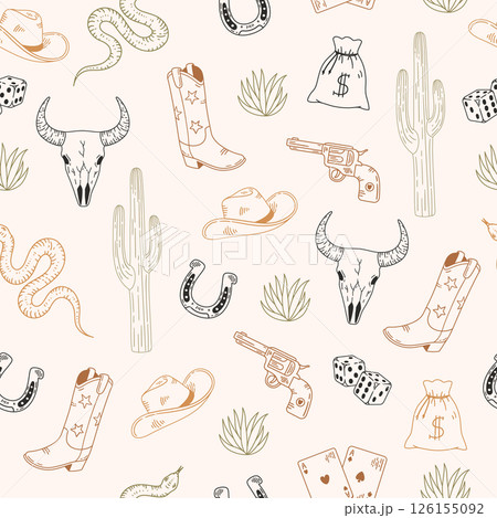 Seamless pattern with cowboy boot, hat and cacti on light background. Hand drawn vector illustration for wrapping paper, textile, fabric. 126155092