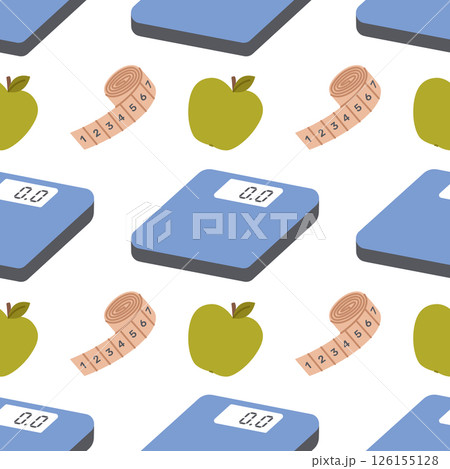 Seamless pattern with electronic floor scales, tape measure and apple on white background. Weight loss and diet. Obesity or overweight control. Healthy lifestyle and fitness. Vector flat illustration Seamless pattern with electronic floor scales, tape measure and apple on white background. Weight loss and diet. Obesity or overweight control. Healthy lifestyle and fitness. Vector flat illustration 126155128