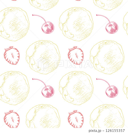 Seamless pattern of ice cream with strawberry and cherry. Hand drawn vector background. Line art graphic of sweet berries in the sketch style perfect for menu or product creation and package design. 126155357