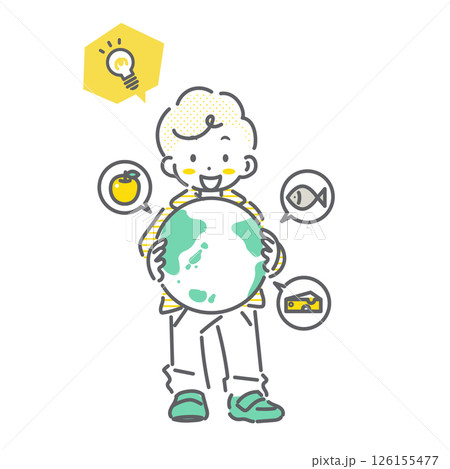 社会科の勉強にワクワクする小学生　シンプルでかわいい線画イラスト 126155477