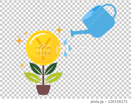 円記号コインに水やりをする青いジョウロ 126156271
