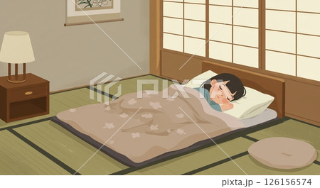 和室で安らかに眠る女性 126156574