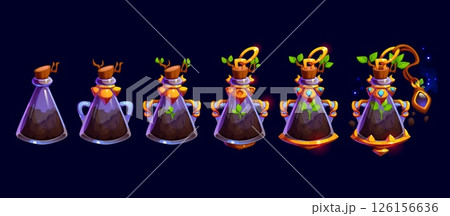 Nature growth power magic rank badge, game level progress stage. Cartoon potion bottles and magical containers showing plant growth. Vector set features glass flasks with soil and leaves progression 126156636