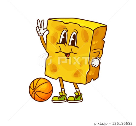 Groovy cheese character with funny face and basketball ball, vector cartoon emoji. Groovy cheese lump piece with holes in hipster shoes with cool gesture playing basketball sport for cartoon character 126156652
