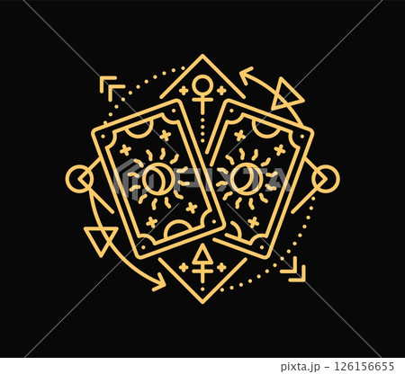 Esoteric Tarot cards line symbol of magic astrology for mystic Boho tattoo, vector mystery sign. Tarot cards with esoteric symbols of occultism and mystery, sun and moon with magic line ornaments 126156655