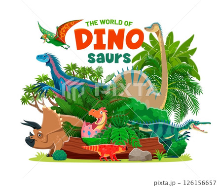 Cartoon prehistoric dinosaur characters in Jurassic era forest, vector poster. Dino park or paleontology museum and dinosaurs atlas encyclopedia cover with funny prehistoric lizards and reptiles Cartoon prehistoric dinosaur characters in Jurassic era forest, vector poster. Dino park or paleontology museum and dinosaurs atlas encyclopedia cover with funny prehistoric lizards and reptiles 126156657