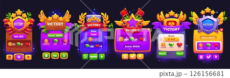 Victory game frame and banners set, vector UI assets. Cartoon victory game frames, interface buttons, winner score boards and menu screens with gold stars, wings, shields, wreaths and ribbon banners 126156681