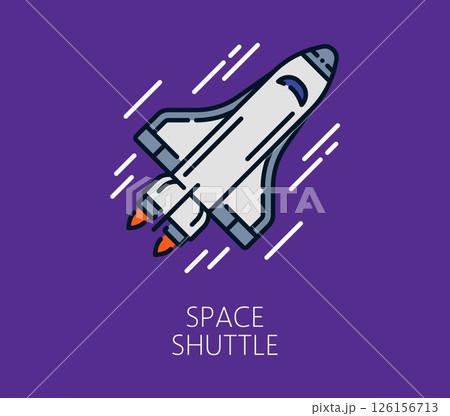 Color line galaxy space icon of rocket shuttle launching into orbit with bright flames. Linear vector symbol of space exploration, technology, scientific advancement, innovation and futuristic travelV 126156713
